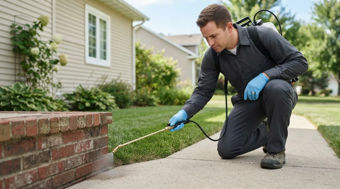 Pest control technician treating a home near Ava, MO